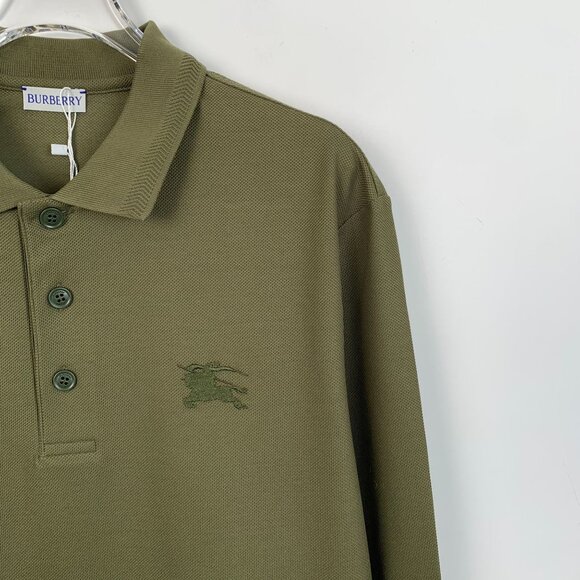 Burberry Olive Long-Sleeve Polo Shirt 100% Cotton Embroidered Logo Size M - Picture 3 of 8